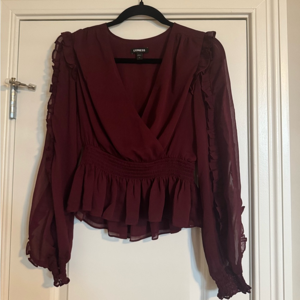 Express Burgundy Ruffle Wrap Top